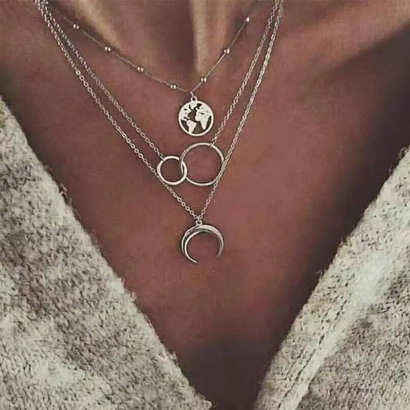 

Fashion Personality Women's Necklace Creative Retro Moon Map Metal Alloy Multilayer Necklace 2021 Trend New Product Party Gift