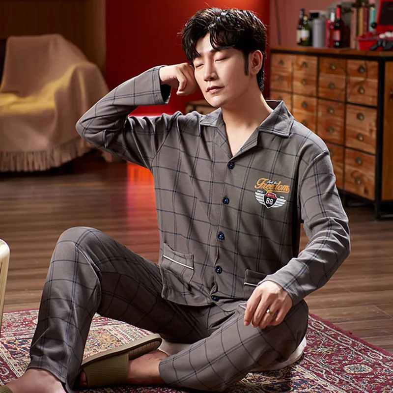 Autumn 100% Cotton peignoir homme Suit Pyjamas Hooded Casual Coral Sleep Homewear Spring Men Pajama Sets Sleepwear