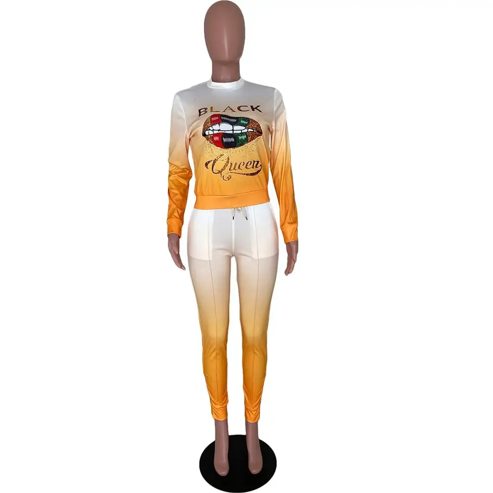 

Fall 2020 new fashion lip print casual two piece set loose o-neck long sleeve T-shirt and trousers women's set