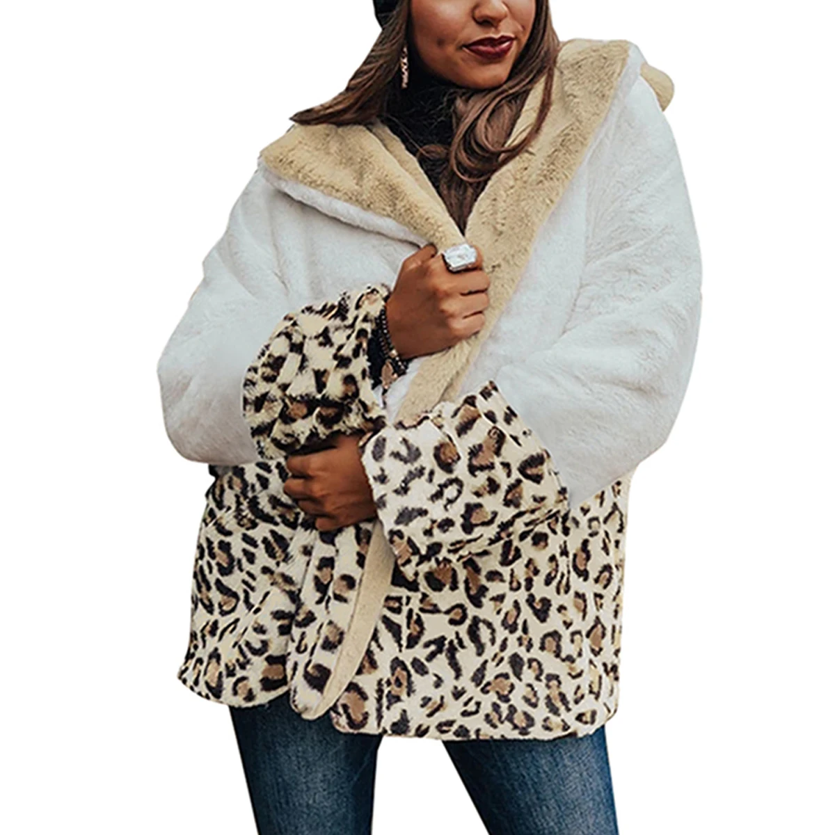 Фото Женская плюшевая куртка с леопардовым принтом Толстая отложным воротником и