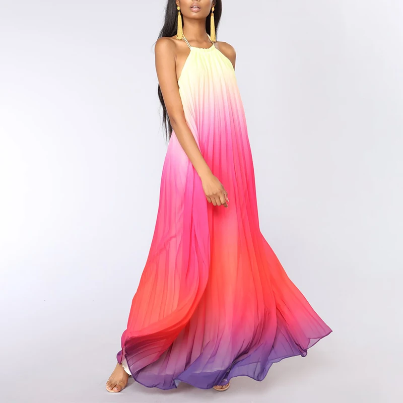 

Elegant Party Chiffon Rainbow Floral Print Maxi Dresses Women Sexy Backless Halter Long Dress Summer Vacation Boho Beach Robe