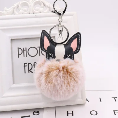 YS-10 Fluffy Rabbit Fur Ball French Bulldog Keychain Pompom Key Chain Pu Leather Animal Dog Keyring Holder Bag Charm Trinket Chaveiros - Color: YS-10