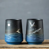 chinese creative starry blue ceramic mug teacup crane elk office water glass family leisure water cup