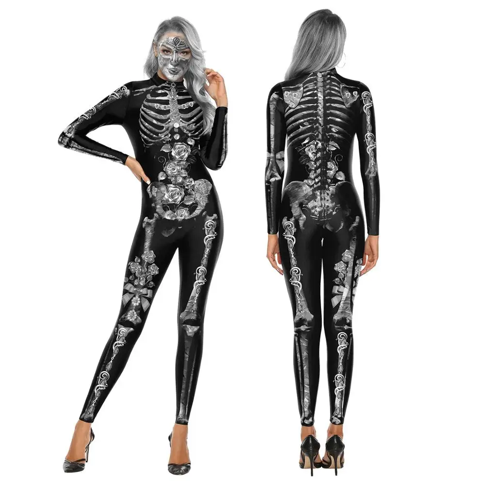 New 3D Print Skeleton Costume Elastic Jumpsuit Scary Halloween Costumes For Women Mechanical Skull Plus Size Bodysuit VDB1014 |
