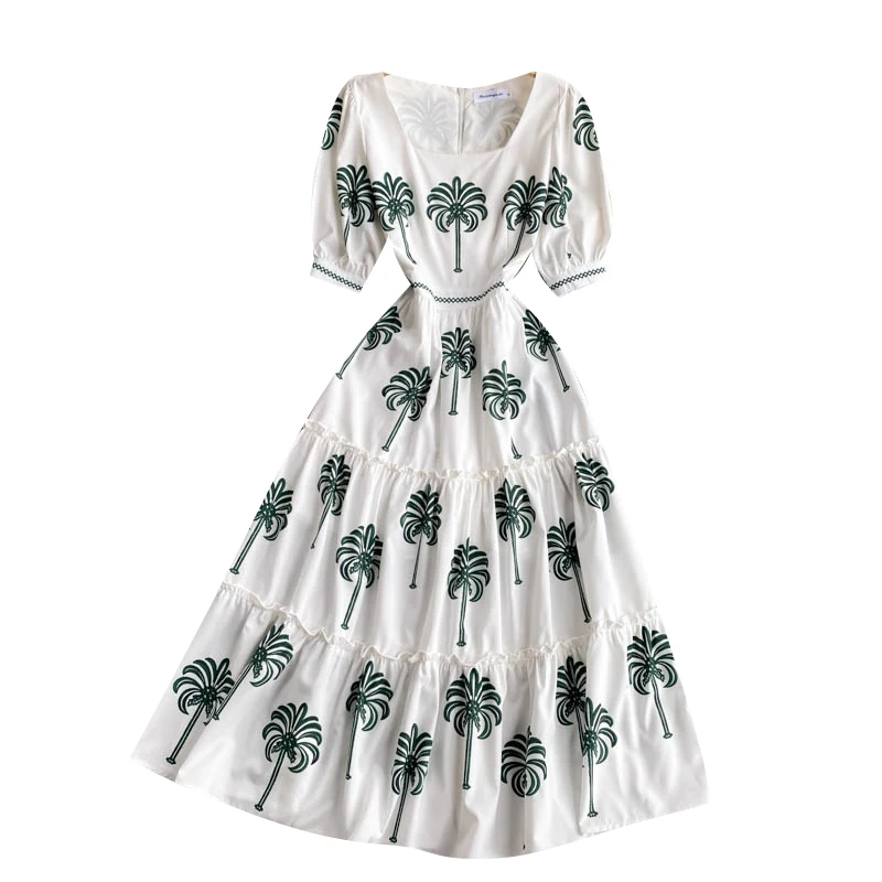 

Europe Style 2021 New Summer Women Square Collar Puff Short Sleeve Tree Print Long Dress Female Vacation Party Dresses Vestidos