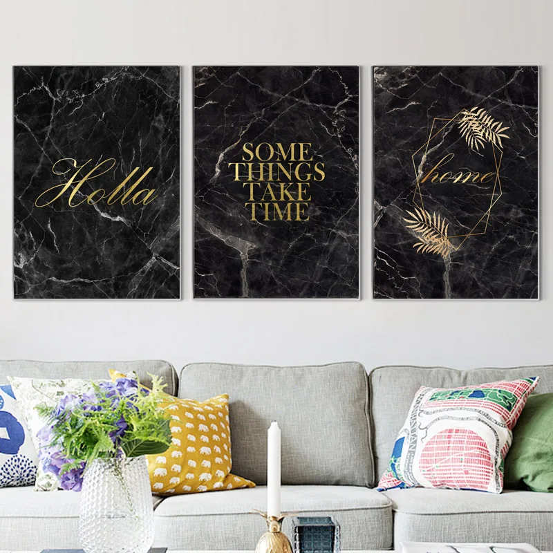 Черный мрамор текстура плакаты и принты абстрактный растительный Лист настенная