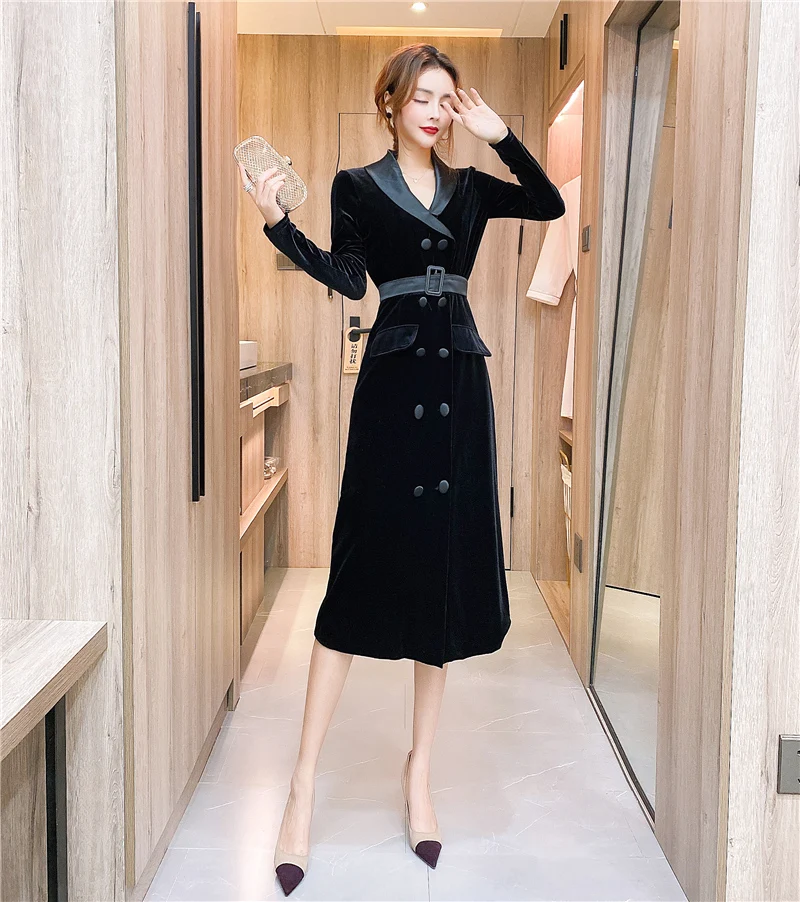 

Autumn Winter Women Long Sleeve Warm Golden Velvet Sheath Party Dresses Sashes Button Office Ladies Midi Vintage Dress vestido