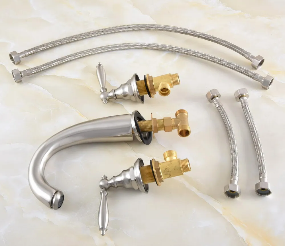 

Brushed Nickel Brass Deck Mounted Dual Handles Widespread Bathroom 3 Holes Basin Faucet Mixer Water Taps mnf693