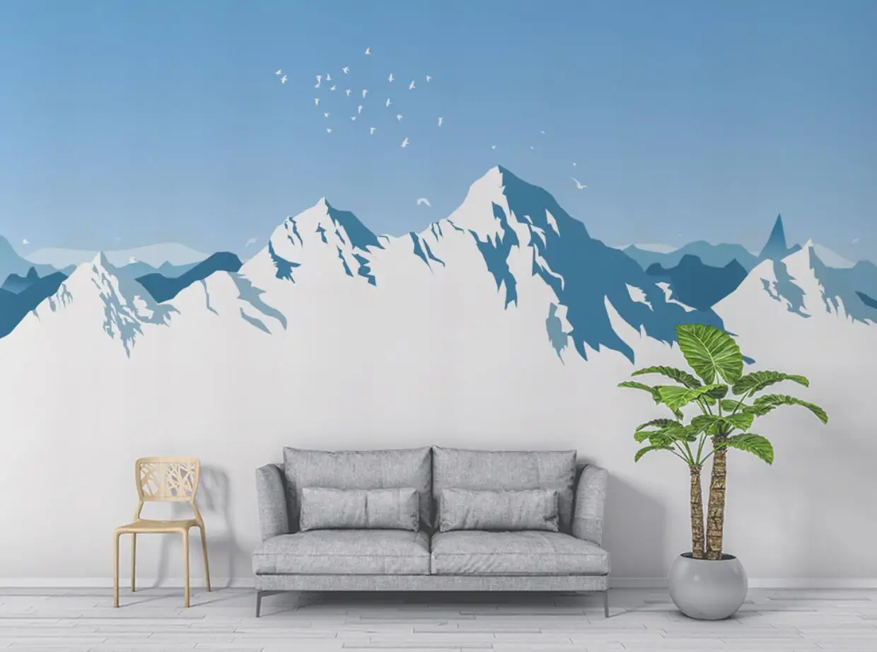 

2021 3D Beautiful Atmosphere Nordic Minimalist Snow Mountain Flying Bird Illustration TV Super Visual Background Wall Paper Mura