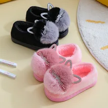 Kids Slippers 2022 Winter Children Cotton Shoes Winter Warm Pink Furry Rabbit Ears Pattern Non-slip Baby Girl Slippers Kids Shoe