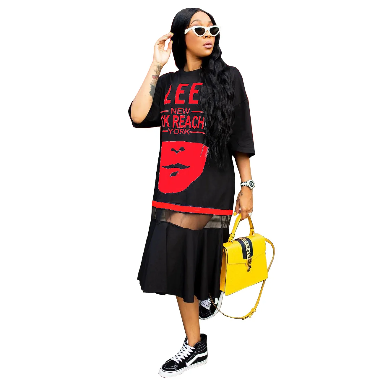 

2021 Printed Mesh Stitching Dress T-shirt Long Skirt Long Skirt Letters Casual Outing Home Clothes Comfortable