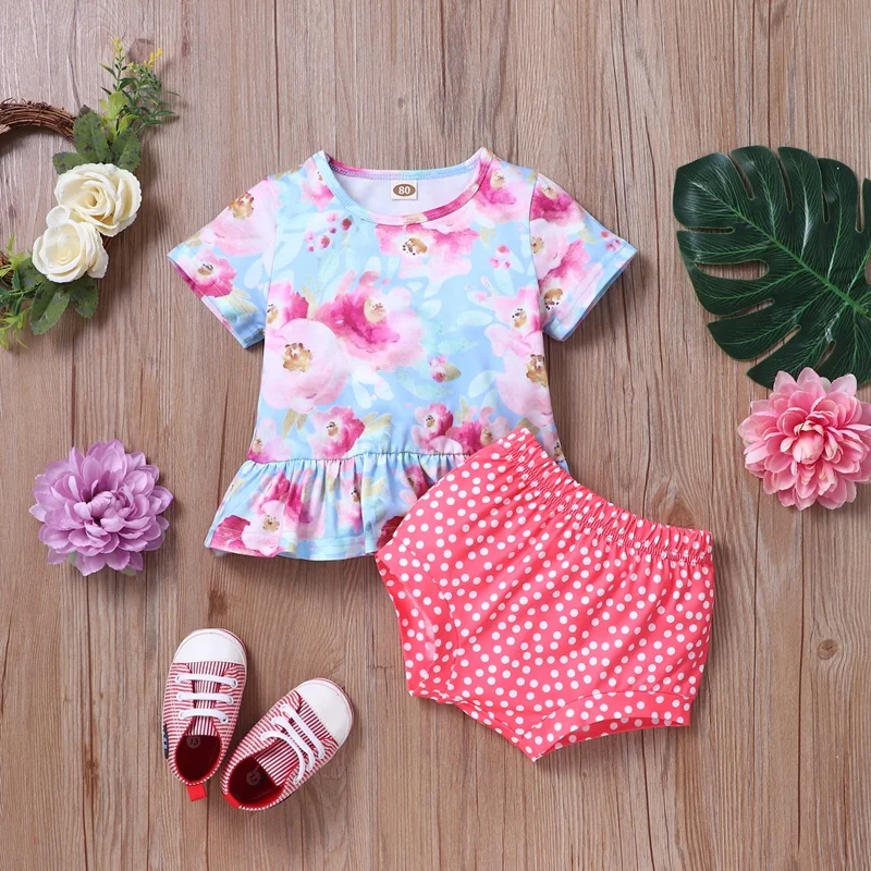 

Hot Selling Baby Girl Clothes Baby Sets 2 Pcs Flower Print Short Sleeve Tops+briefs Cotton Comfortable Summer Baby Clothes 0-18M