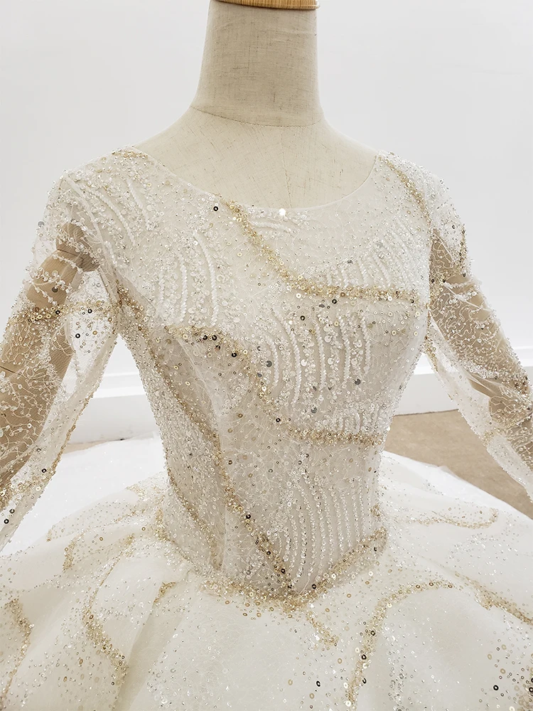 HTL1308 Gold And Silver Sequin Wedding Dress Long Sleeve Bead Princess Backless Peplum Glitter Vestido De Noiva | Свадьбы и
