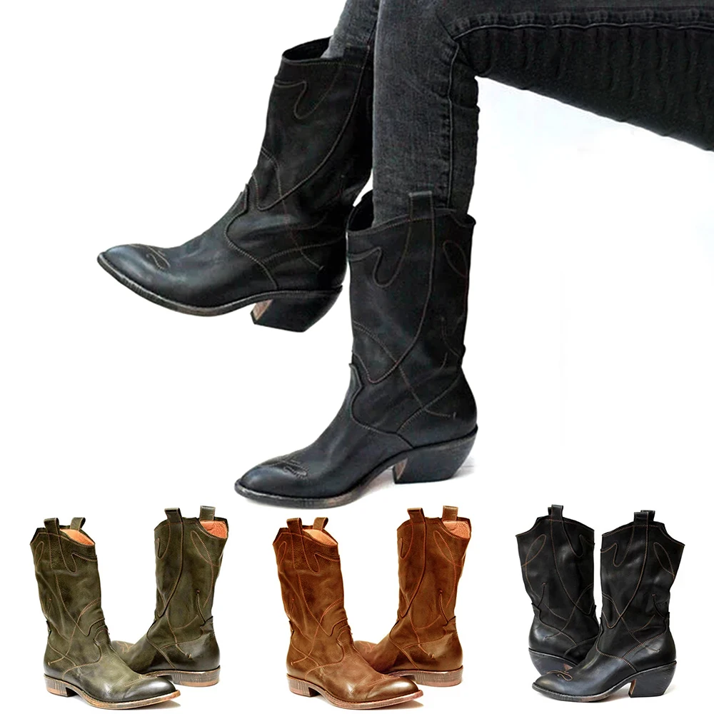 Laamei Women's Western Boots Winter Mid Tube Knight Boot Lady Retro Rome Slip-On Low Heel Leather Shoes Wide Calf Cowboy Botas