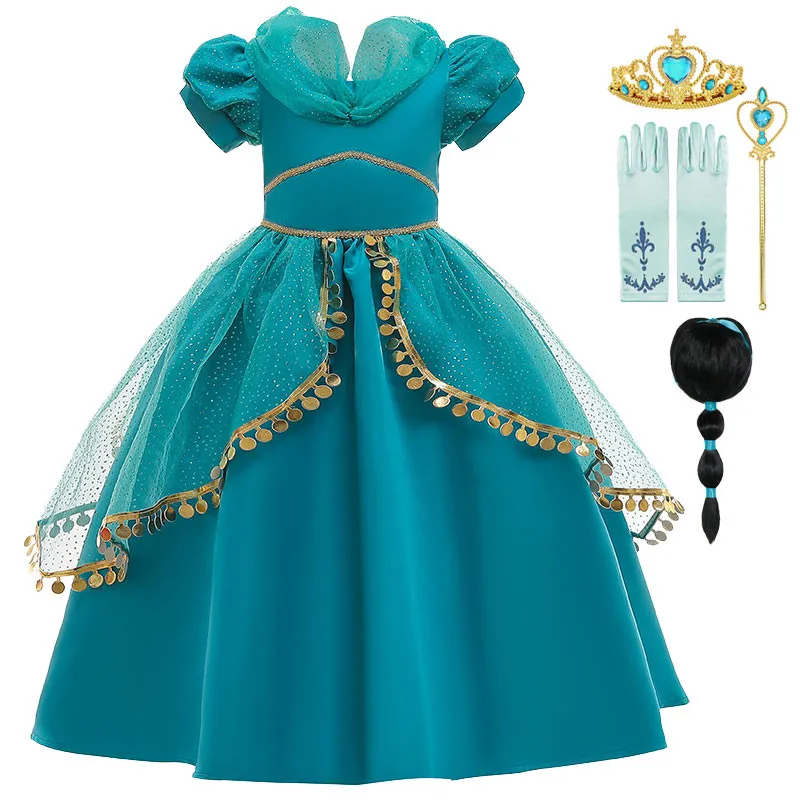 

Костюм жасмина для девочек на Хэллоуин, наряд принцессы, бальное платье жасмина, карнавальный детский костюм жасмина для косплея, платья на ...