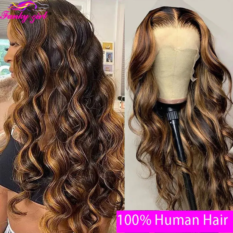 FG 4/30 Brazilian Highlight Wavy T Part Human Hair Lace Wigs Body Wave 13x1 Transparent Lace Part Wig Pre Plucked For Women