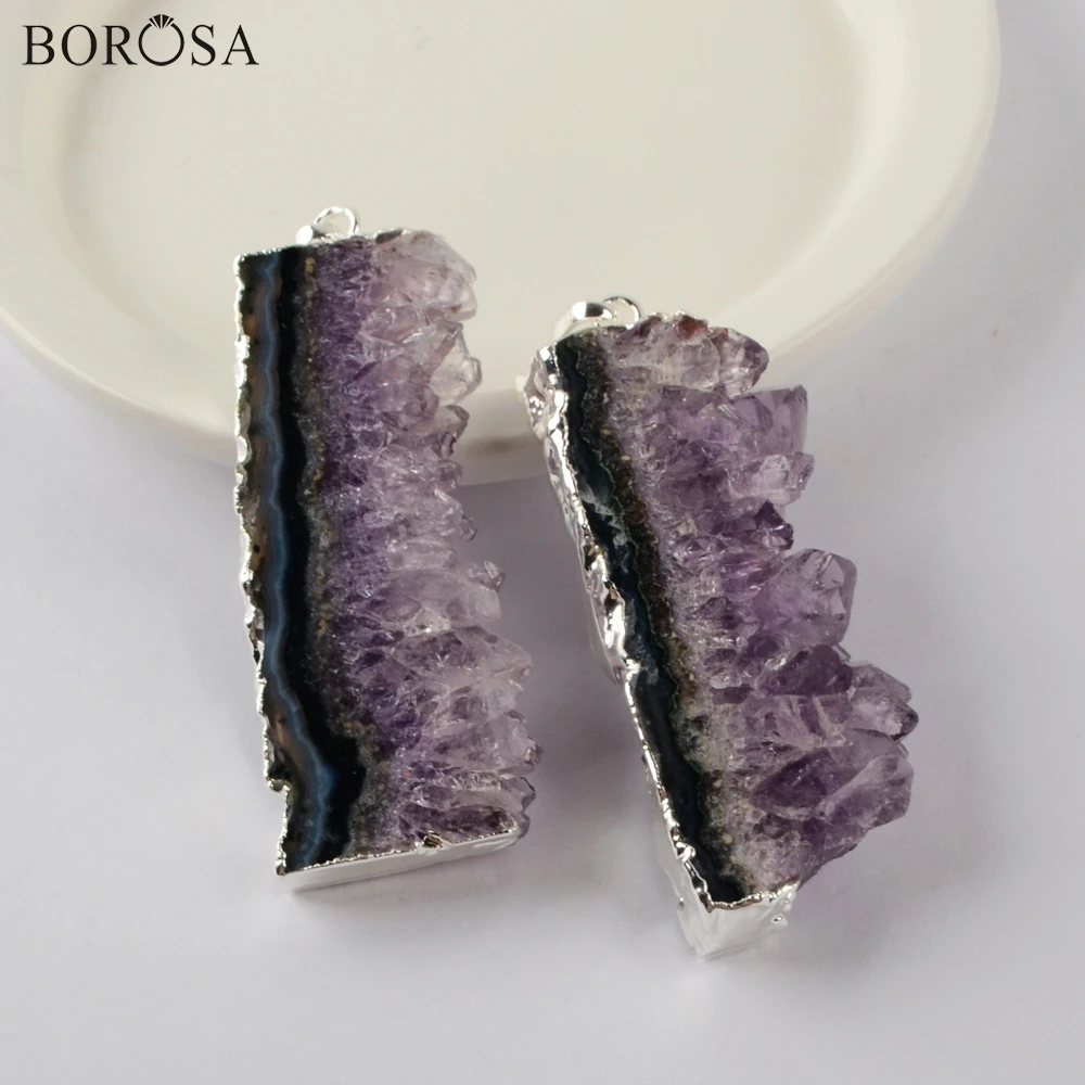 

BOROSA Amethysts Slice Pendant in Silver Color Irregular Natural Crystal Pendants Necklace 18inch Necklace Women Jewelry S1937