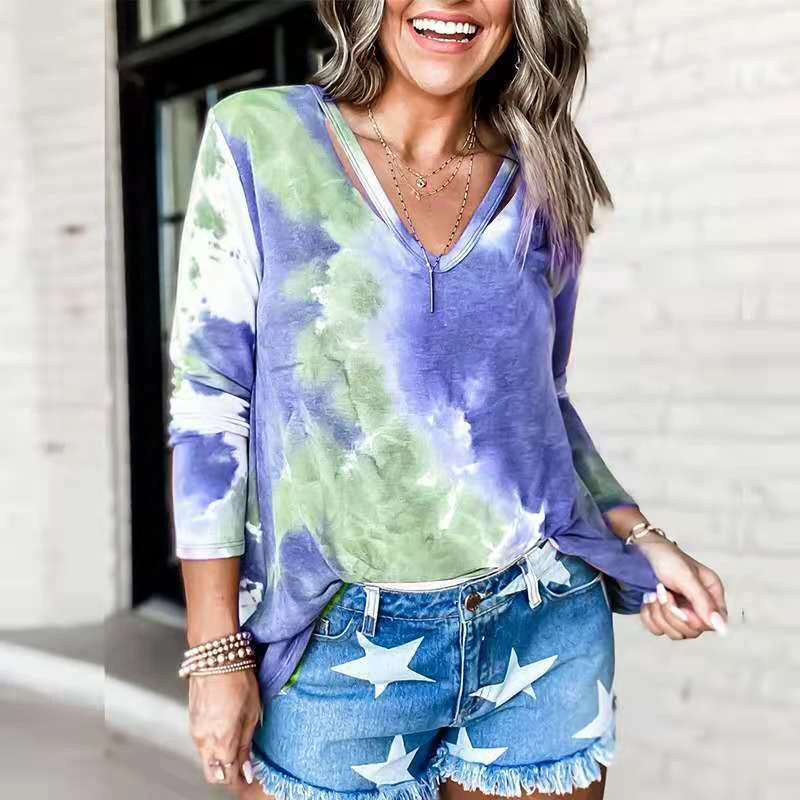 Женские вареный топ с v-образным вырезом футболка длинными рукавами для девочек