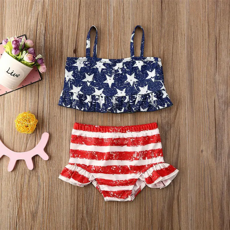 Independence Day Swimwear Toddler Kid Baby Girl Clothes Set Summer Sleeveless 4th July Striped Swimsuit Bathing Suit Clothing | Детская