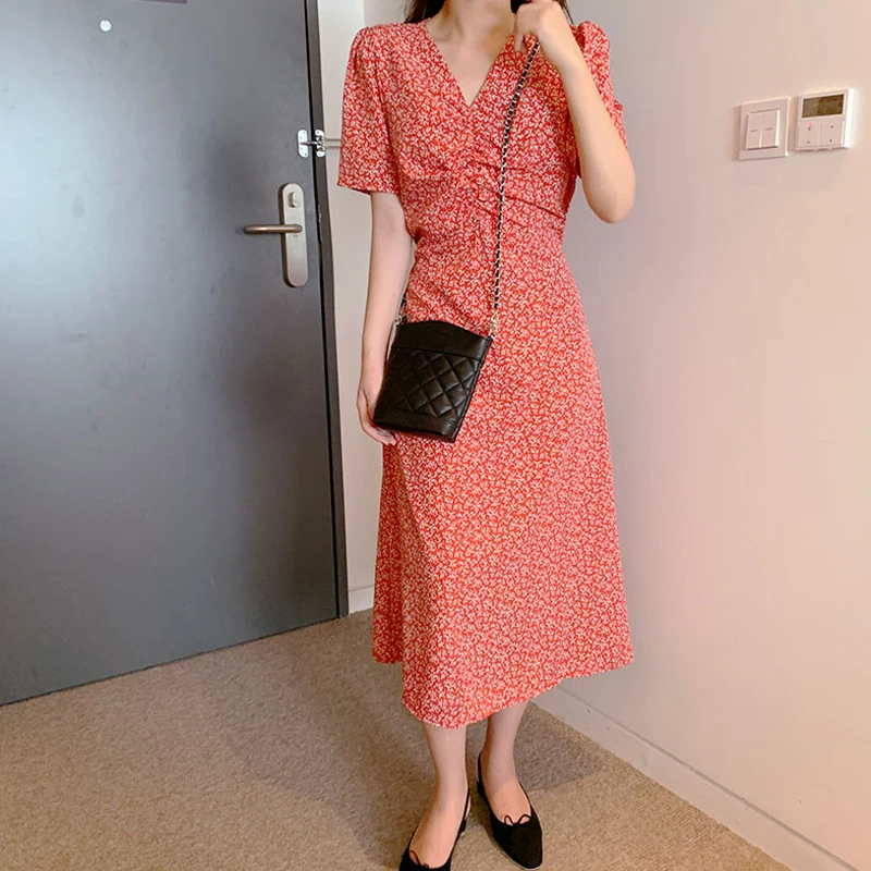 

Summer Women's Korean Vintage Floral Midi Dress High Waist A-line Elegant Short Sleeve V Neck Pleated Dresses With Belt D13918X