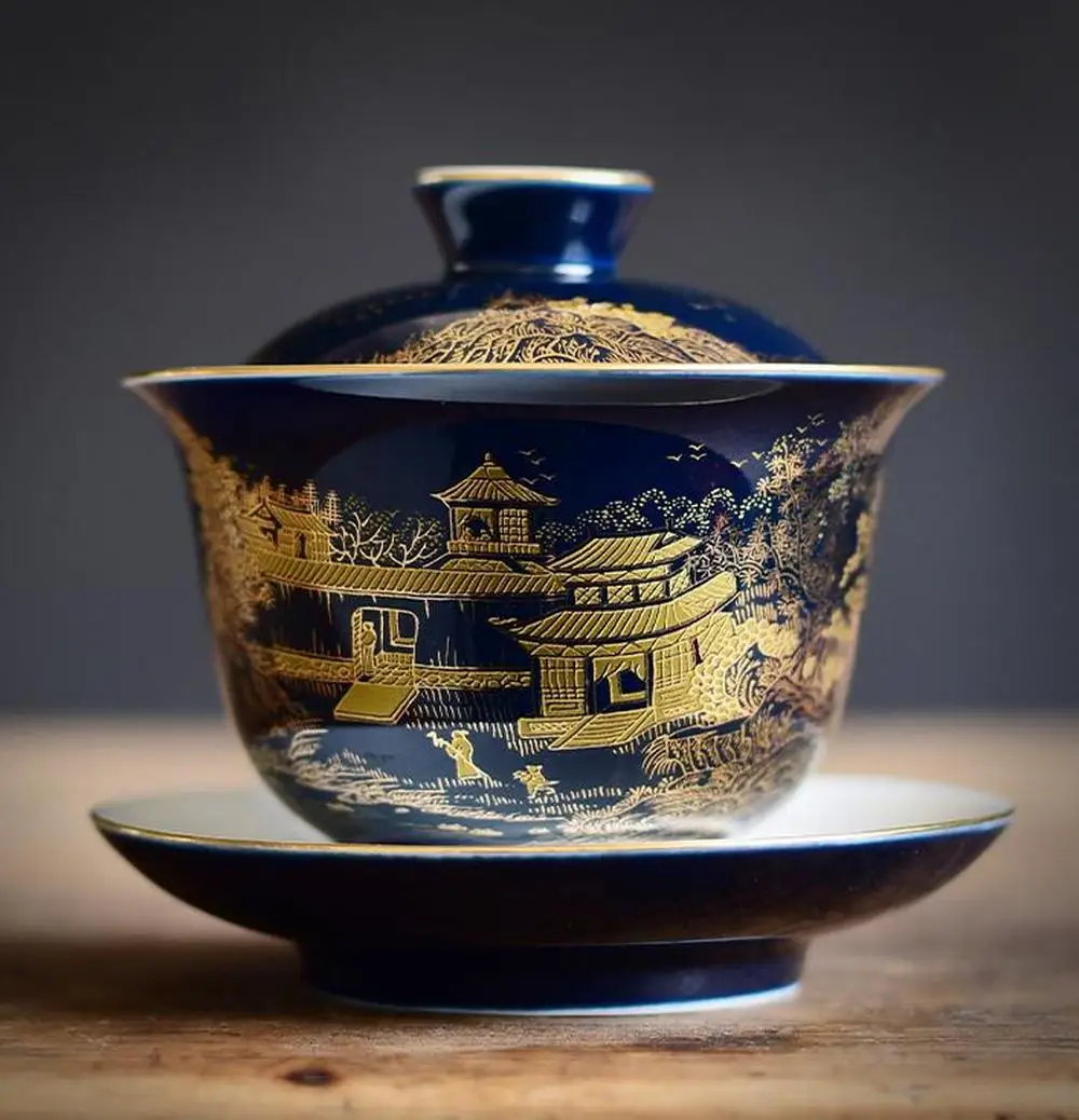 Чашка для чая Jingdezhen ручная роспись Золотая эмаль керамика чайная чаша Индиго