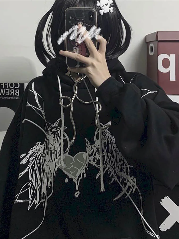 

NiceMix Winter Spring Harajuku Unisex Hoodies Women Hooded Sweatshirts With Gothic Heart Print Pullovers Men's Punk Streetwears