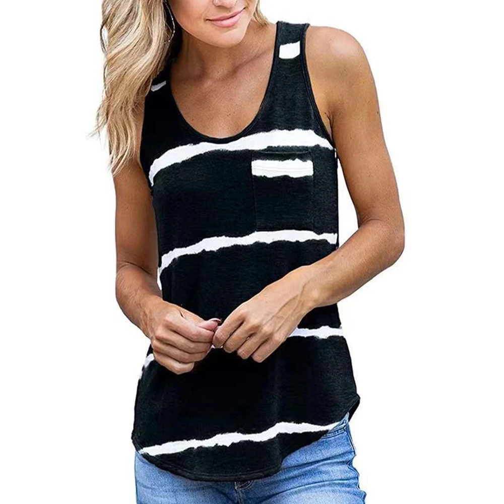 

Striped Sleeveless Women T-Shirt with Pocket Summer V Neck Tank Top Casual Loose Fashion Pullover Vest Female Streetwear