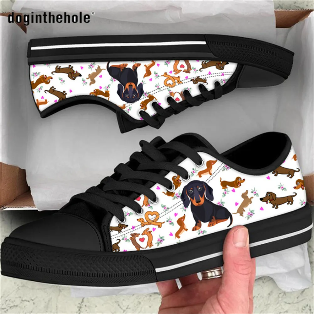 Doginthehole Cute Dachshund Print Women Canvas Shoes Pet Dog Flat Shoes for Ladies Casual Female Lace up Walking Shoes