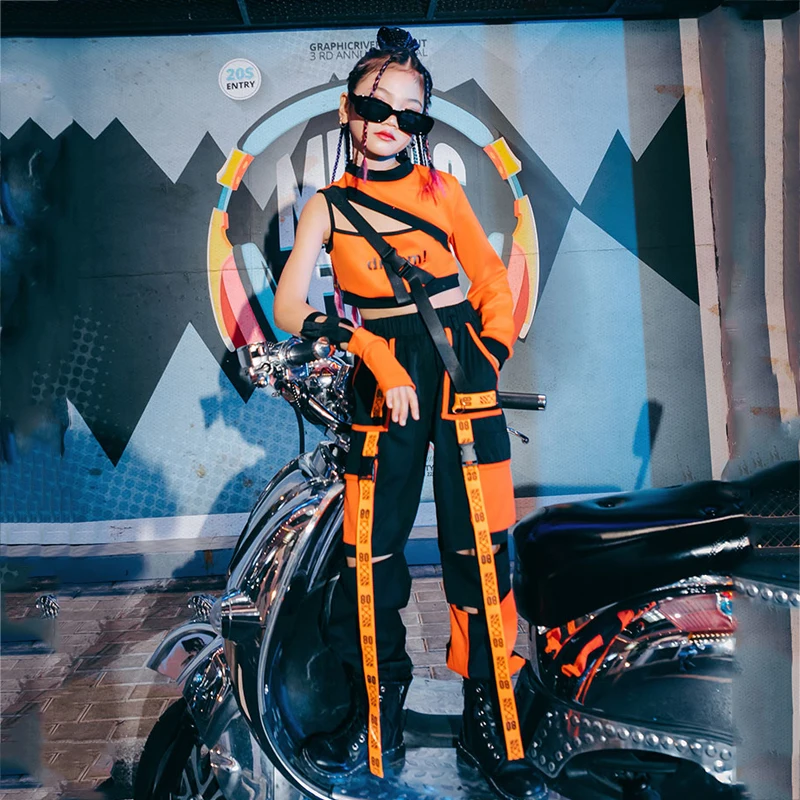 

Детская одежда для джазовых танцев, уличные танцевальные костюмы в стиле хип-хоп для девочек, оранжевый топ с одним рукавом, полые брюки-кар...