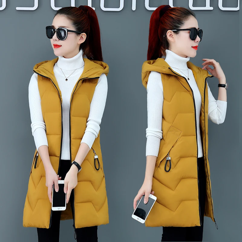 

ALMUERK Autumn Winter Women Vest Long Waistcoat Cotton Sleeveless Jacket Warm Hooded Fur ball