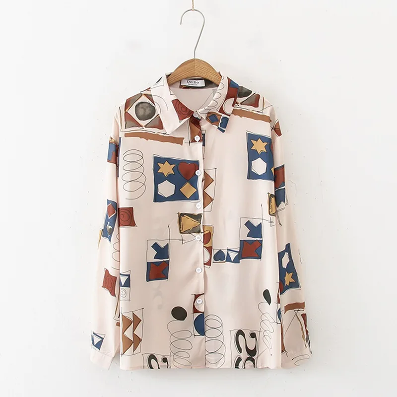 

Hong Kong Style Retro Printing Long-sleeved Shirt Women Autumn Lapel Loose Blouse Ladies Shirt