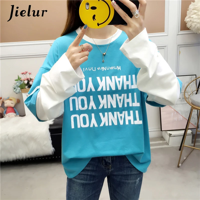 Jielur Осенние футболки с буквенным принтом для женщин с дырками черная Лоскутная футболка Женская Весенняя корейский шикарная свободная футболка с длинным рукавом