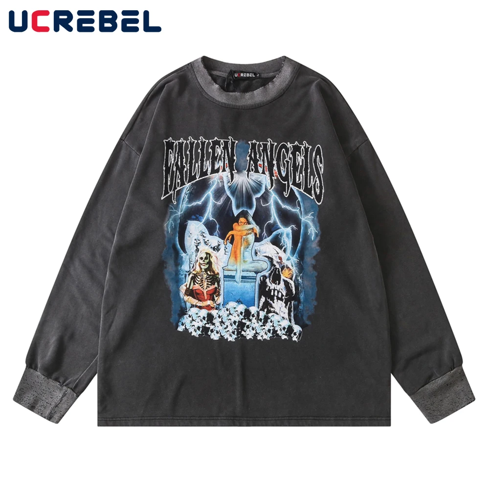 

Skeleton Demon Print Sweatshirts Mens Autumn High Street Distressed Casual Loose Long Sleeved Crew Neck Pullover Men