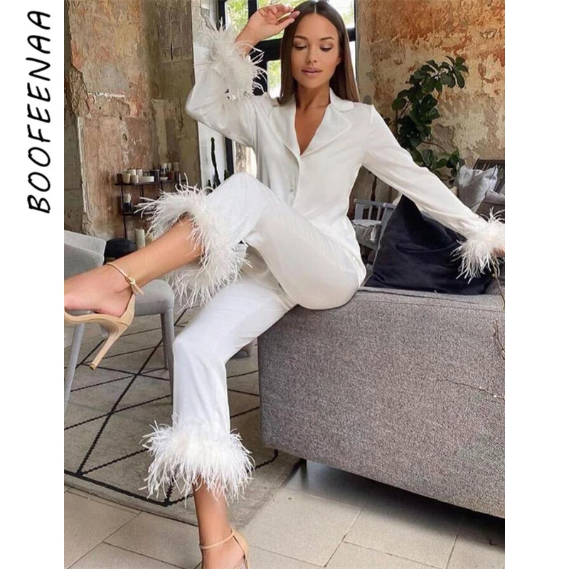 

BOOFEENAA пушистые комплекты из 2 предметов с длинным рукавом зимние наряды для женщин Элегантная Домашняя одежда оптовая продажа подходящие ко...