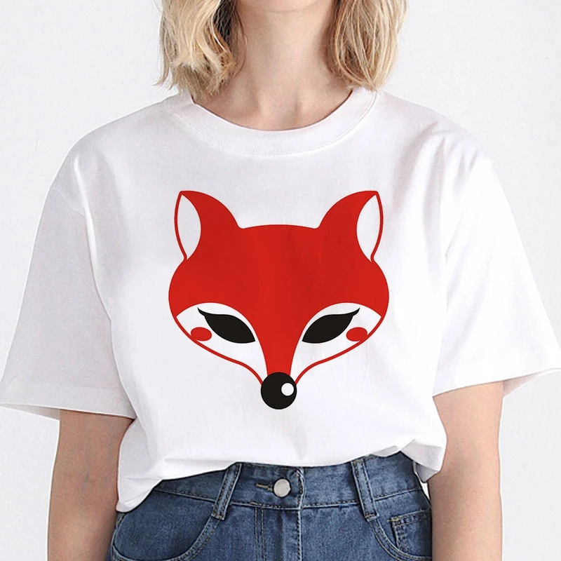 

Cute Fox Cartoon Printed Ladies T-shirt O-Neck Harajuku Graphic T-shirt Short Sleeve Summer TShort Top Fun Tee T-shirt Women
