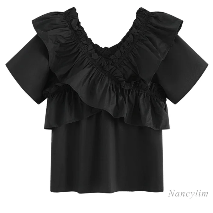 

2021 летнее женское платье, с коротким рукавом, черная блузка с v-образным вырезом с оборками для девочек, женские рубашки Blusas Mujer De Moda Nancylim
