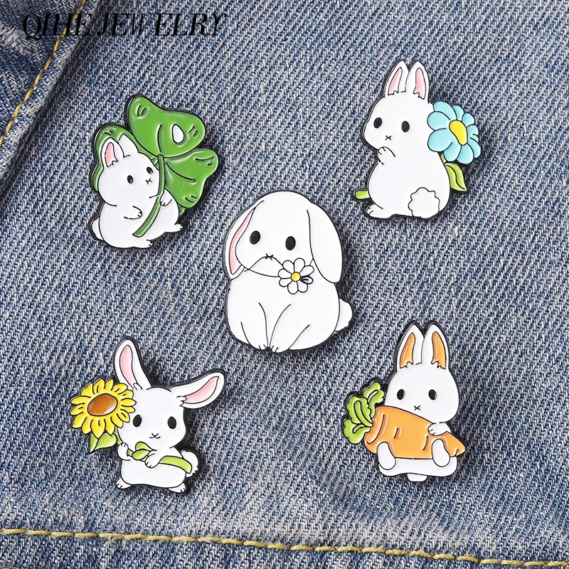 

Rabbit Enamel Pin Cute Bunny with Leaf Sunflower Carrot Daisy Floral Brooches Metal Badges Kawaii Jewelry Gift for Girls