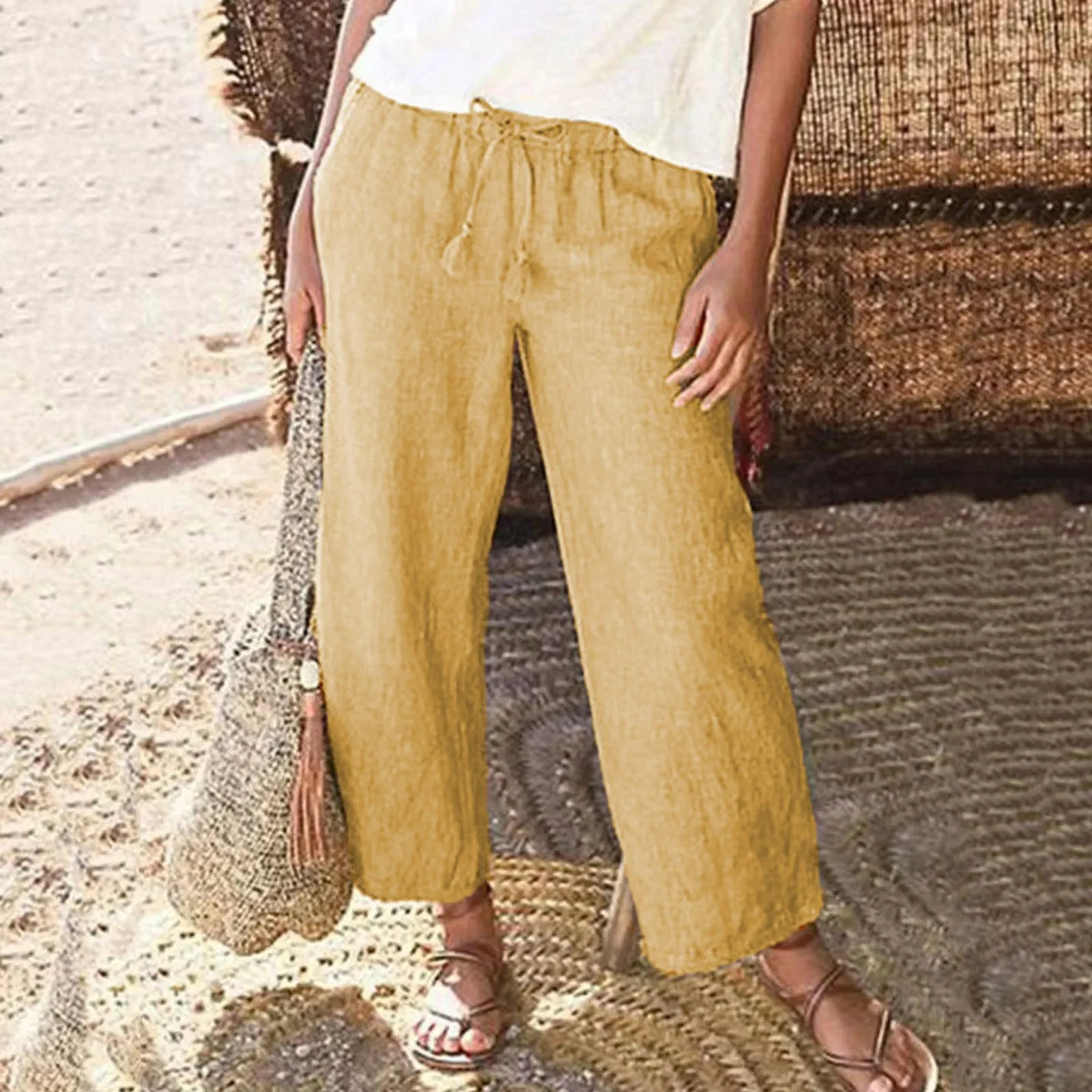 

Брюки женские свободные с широкими штанинами, модные однотонные хлопково-льняные штаны для отдыха, удобная одежда на лето
