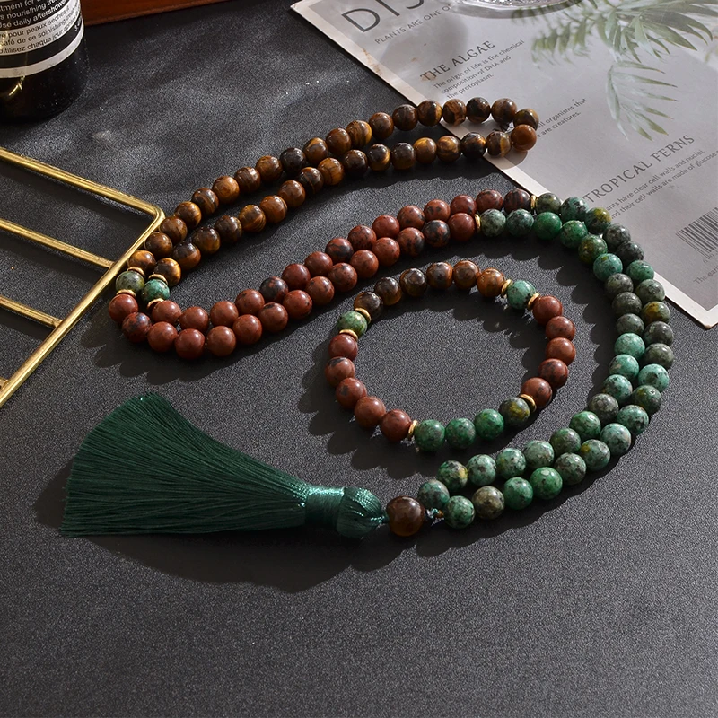 

8mm Natural Yellow Tiger Eye Mahogany Obsidian African Turquoise Beaded Necklace Meditation Prayer Jewelry 108 Japa Mala Rosary