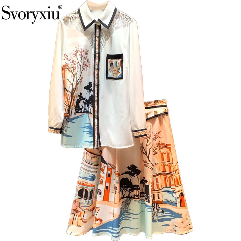 

Svoryxiu Designer Summer Vintage Skirt Suit Women's Long Sleeve Perspective Lace Blouse + Print Midi Skirt Fashion Two Piece Set