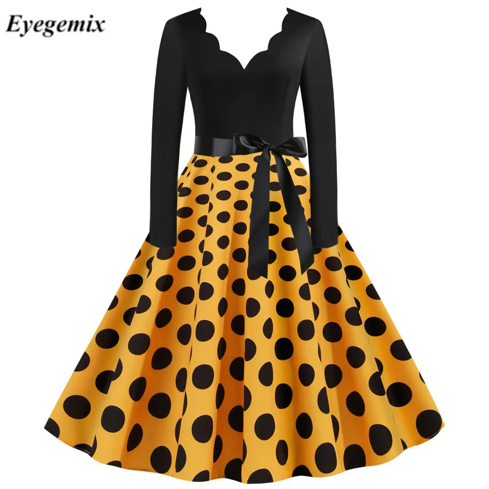 Женское винтажное платье в горошек с V-образным вырезом и длинным рукавом |