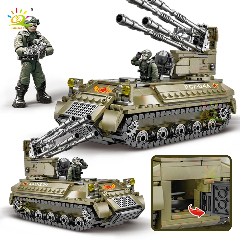 

HUIQIBAO 489cs WW2 Self-Propelled Artillery Building Blocks Military Crawler Tank Weapons Army Figures Bricks Toys For Children