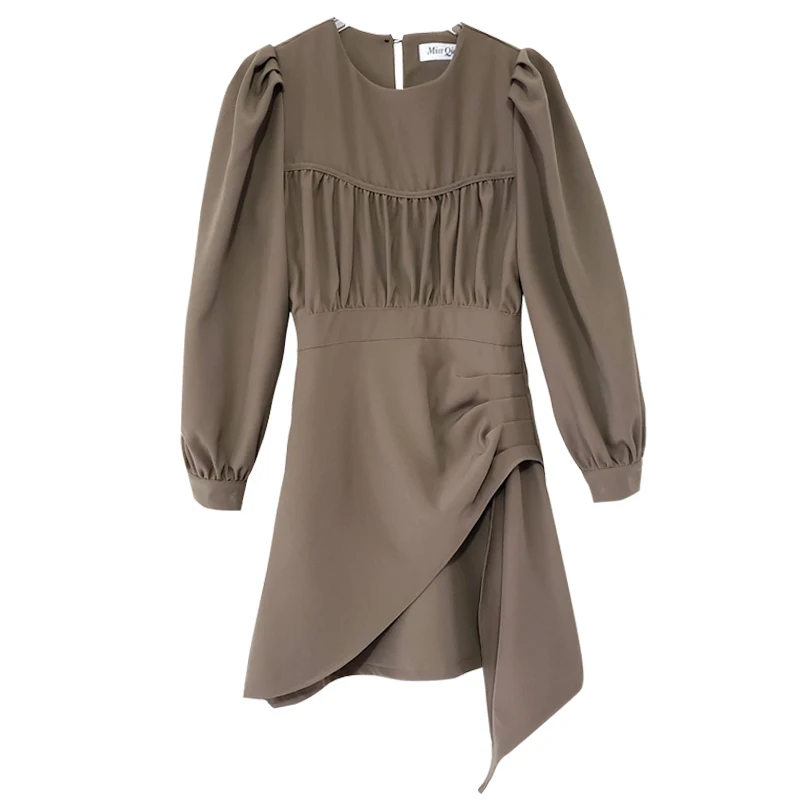 

Women's dress 2021 new retro dress irregular waist slimming skirt female long-sleeved o-neck French skirt trend