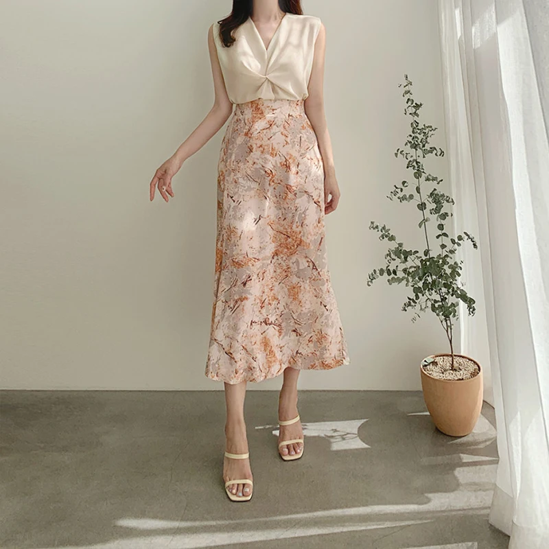 

Printed Summer Long Midi Skirts Women High Waist Zipper Elegant Party Skirt Vintage A-Line Chiffon Skirt Office Loose Lady Z723