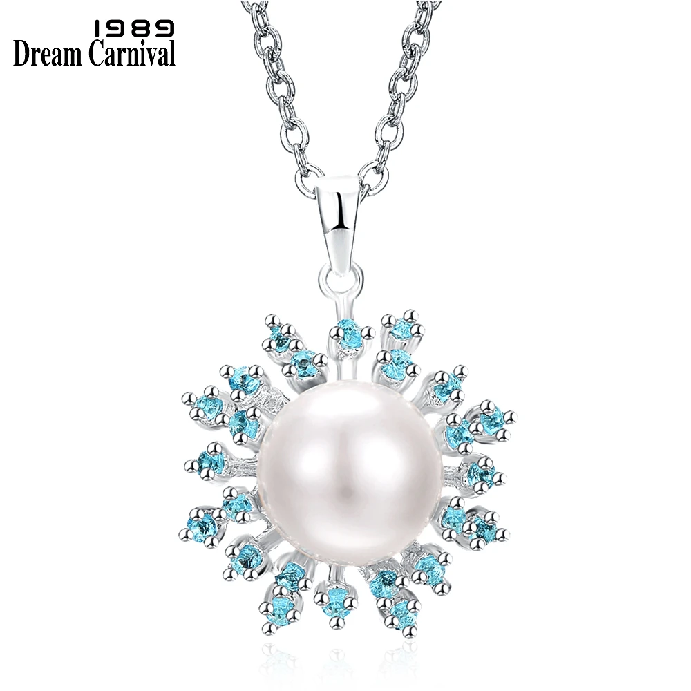 

Dreamcarnival1989 Silver Plated Women Sweater Necklace 49mm Pendant Aquamarine Zircon 12mm White Pearl Anniversary Gift WP6914S