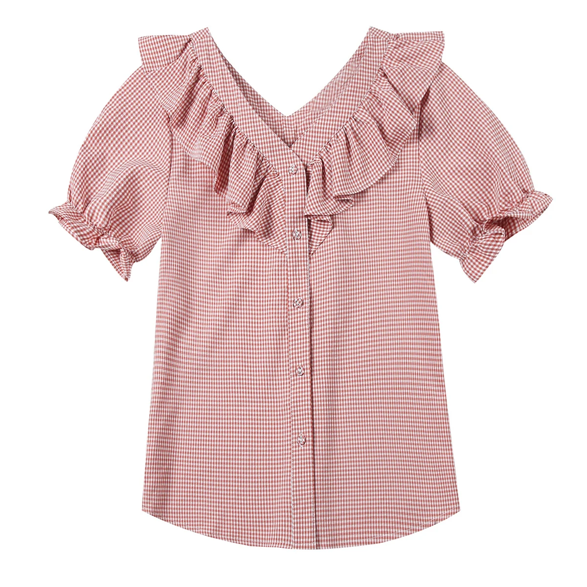 

Pink Plaid Chiffon Blouse Shirt Top Women 2020 Fashion Korean Style Summer Short Sleeve Blusa Top Woman's Clothes
