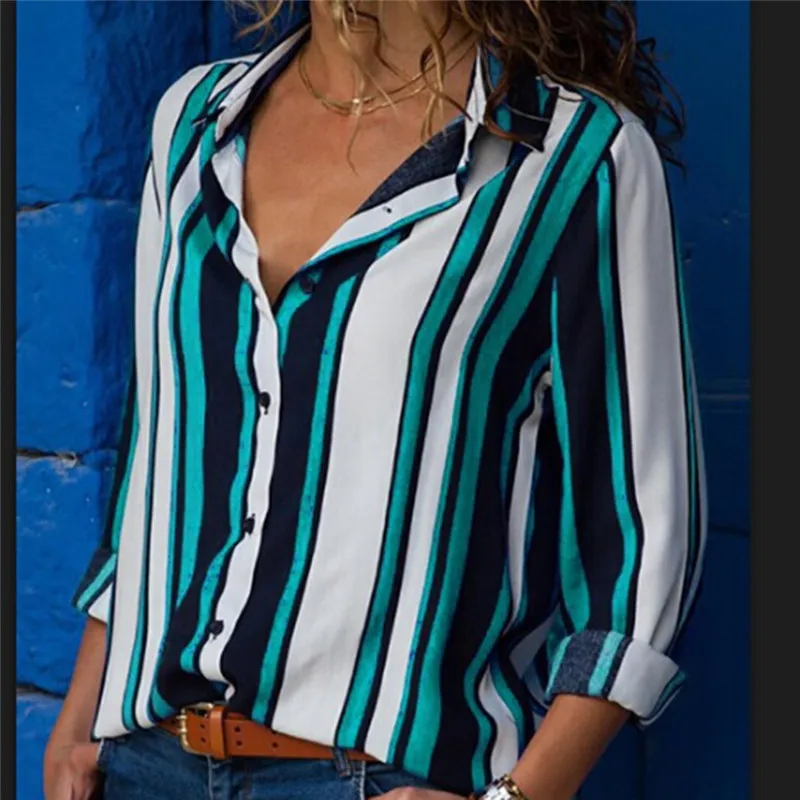 

Chiffon Blouse Women Long Sleeve Striped Shirt Turn Down Collar Office Shirt Casual Tops Blusas Femininas Plus Size