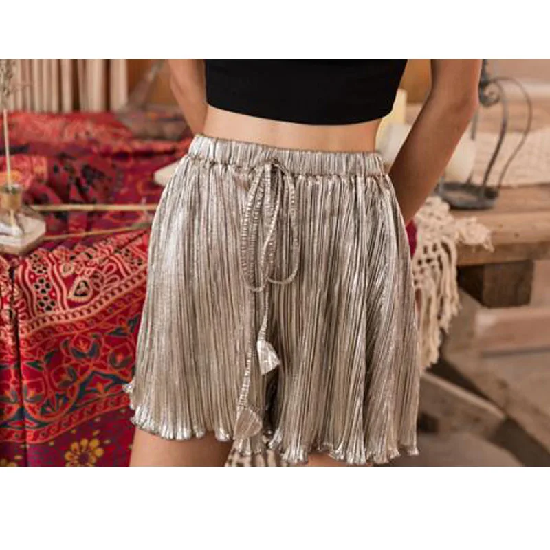 

Pleated Front Shorts Women Mid Waist Casual 2021 Summer Female Beach Boho Shorts Loose Wide Leg Ma441