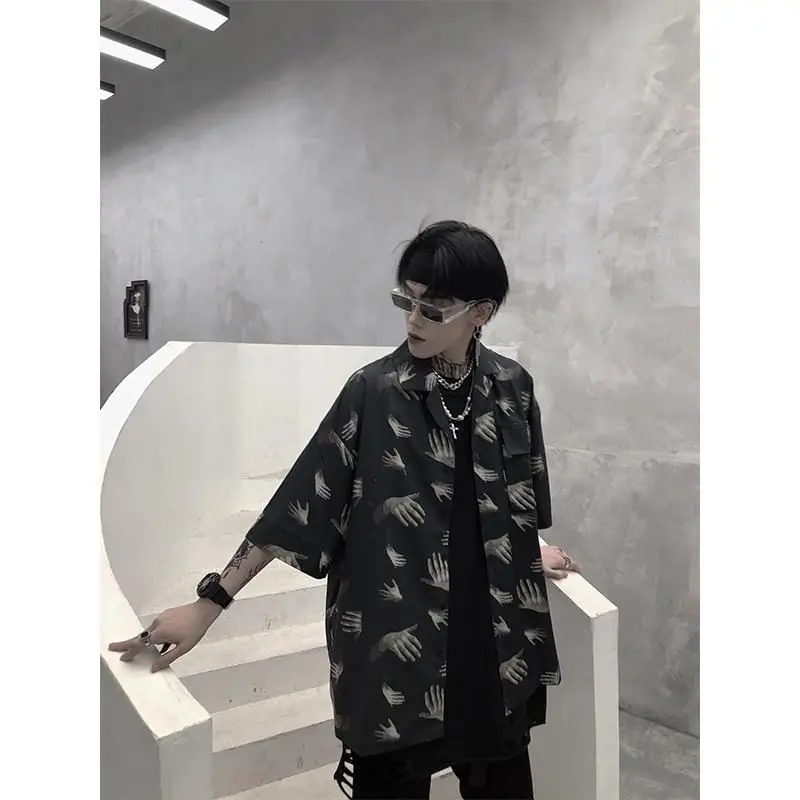 

Thousand hands printed shirt men clothes 2021 summer Korean fashion design sense niche loose casual vintage goth blouse trend