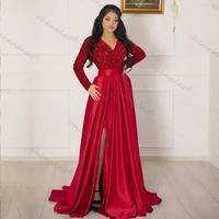 red long party dresses women evening formal sequin high side slit long grown deep v neck a line full sleeve vestido prom gown